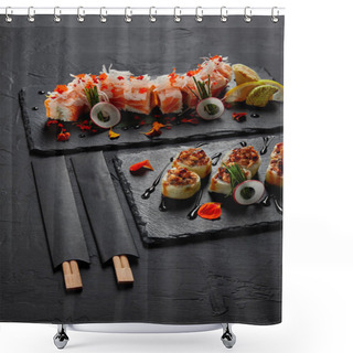 Personality  Delicious Fresh Sushi Rolls On Slate Boards And Chopsticks Shower Curtains