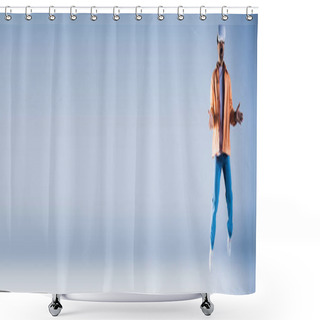Personality  A Stylish Man Wearing A Vr Stands Against A Vibrant Blue Backdrop, Exuding An Air Of Mystery And Sophistication. Shower Curtains