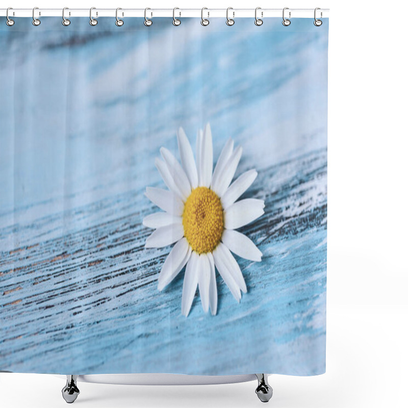 Personality  Closeup Of A Daisy Flower On A Rustic Blue Wooden Surface With Some Blank Space On The Left Shower Curtains