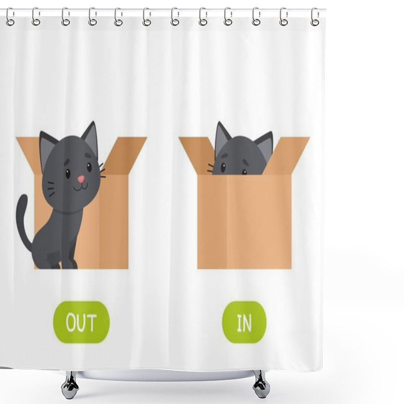 Personality  In And Out Antonyms Word Card Flat Vector Template. Flashcard For English Language Learning. Opposites Concept. Kitten In Box And Outside Cartoon Illustration With Typography Shower Curtains