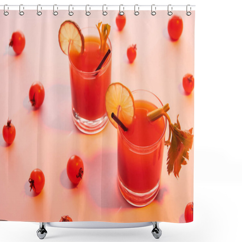 Personality  Bloody Mary Cocktail In Glasses Garnished With Lime And Celery On Red Illuminated Background With Tomatoes Shower Curtains