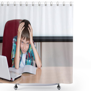 Personality  Tired Boy Holding His Head To Do Homework. Child With Learning Difficulties. A Boy Having Problems With His Homework. Education Concept, Back To School. Copy Space Shower Curtains