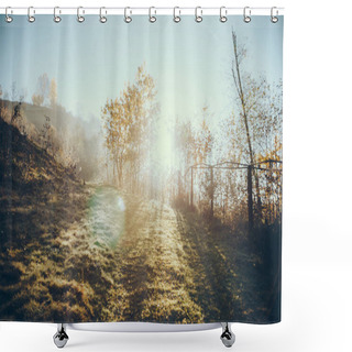 Personality  Beautiful Foggy Landscape With Sun Flare In Carpathians, Ukraine Shower Curtains