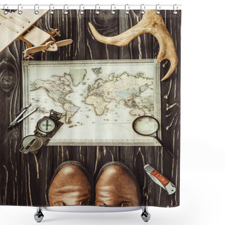 Personality  Top View Of Travel Setting With Map, Shoes, Compass, Magnifying Glass And Decorative Horns On Dark Wooden Surface Shower Curtains
