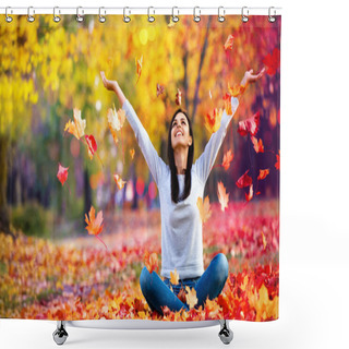Personality  Happy Woman Enjoying Life In The Autumn Shower Curtains