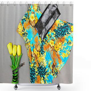 Personality  Dress With Floral Print, Yellow Tulips And Black Clutch On Gray  Shower Curtains