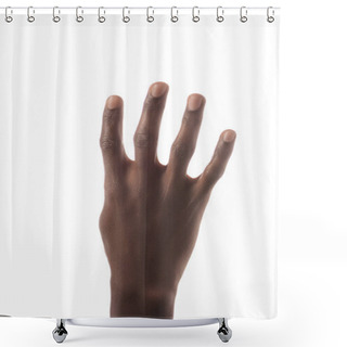 Personality  Partial View Of African American Man Showing Number 4 In Sign Language Isolated On White Shower Curtains