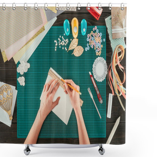 Personality  Cropped Image Of Woman Measuring Paper For Scrapbooking Postcard Shower Curtains