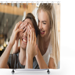 Personality  Woman Covering Boyfriends Eyes With Hands Shower Curtains
