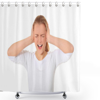 Personality  Attractive Blond Woman Suffering From Too Much Noise. All On White Background. Shower Curtains