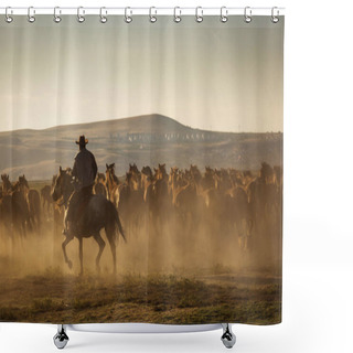 Personality  Wild Horses Leads By A Cowboy At Sunset With Dust In Background. Shower Curtains