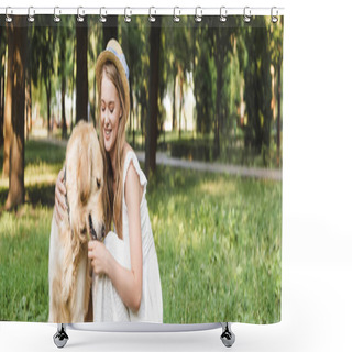 Personality  Panoramic Shot Of Beautiful Girl In White Dress And Straw Hat Petting Golden Retriever While Sitting On Meadow Shower Curtains