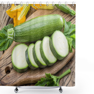 Personality  Zucchini With Slices And Zucchini Flowers On A Wooden Table. Shower Curtains