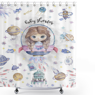 Personality  Astronaut Cartoon Girl Flying In The Space With A Futuristic Rocket And Satellites Around Stars And Planets. Baby Shower, Invite, Celebration And Birthday Card For Little Princess. Shower Curtains