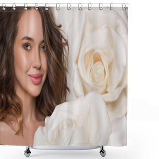 Personality  Beautiful Woman With Large Roses Hairstyle And Makeup. Background Of White Roses Shower Curtains