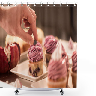 Personality  Cropped Shot Of Confectioner Decorating Sweet Cupcake With Berry Shower Curtains