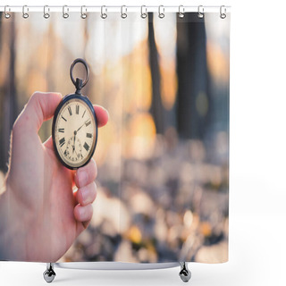 Personality  Time Goes By: Vintage Watch Outdoors, Hand-held; Wood And Leaves Shower Curtains