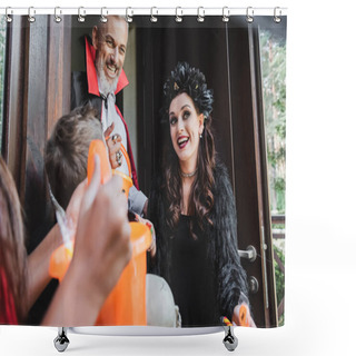 Personality  Cheerful Couple In Scary Halloween Costumes Near Blurred Kids On Cottage Porch Shower Curtains