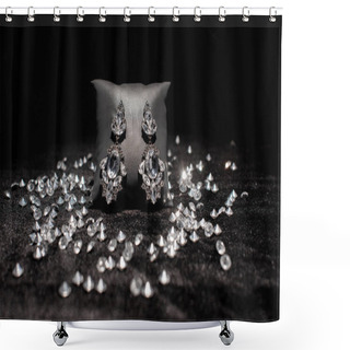 Personality  Selective Focus Of Jewelry Earnings Near Gemstones On Black Velour Isolated On Black  Shower Curtains