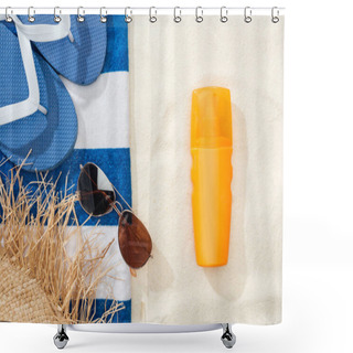 Personality  Top View Of Sunscreen, Straw Hat, Flip Flops, Sunglasses And Striped Blue And White Towel On Golden Sand Shower Curtains