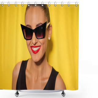 Personality  EleClose Up Studio Portrait Of Gorgeous Young Woman In Sunglasses Is Smiling Shower Curtains