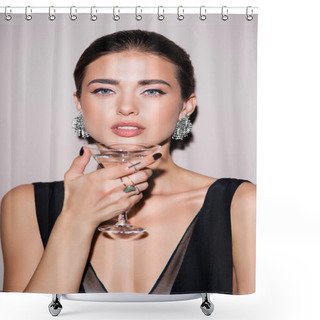 Personality  Brunette Woman Holding Glass Of Martini On White Shower Curtains