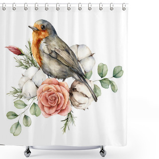 Personality  Watercolor Card With Robin Redbreast, Cotton, Rose And Eucalyptus Leaves. Hand Painted Bird And Flowers Isolated On White Background. Floral Illustration For Design, Print, Fabric Or Background. Shower Curtains
