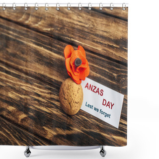Personality  Card With Anzas Day Lettering Near Artificial Flower And Cookie On Wooden Surface  Shower Curtains