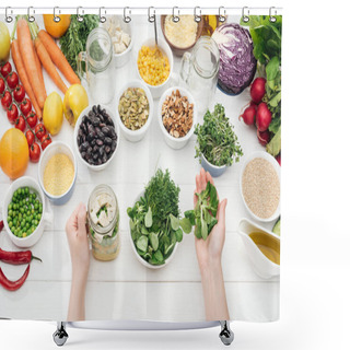 Personality  Cropped View Of Woman Adding Herbs In Jar With Salad On Wooden White Table  Shower Curtains