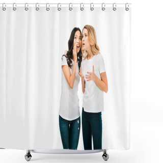 Personality  Smiling Young Woman Whispering Something To Shocked Girlfriend Isolated On White Shower Curtains