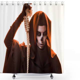 Personality  Woman In Death Costume Holding Hanging Noose Isolated On White Shower Curtains