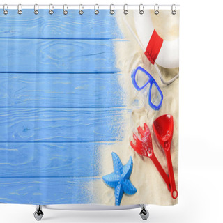 Personality  Diving Mask And Beach Toys On Blue Wooden Background Shower Curtains