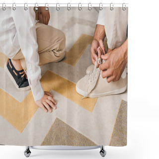 Personality  Partial View Of Father Teaching Son To Tying Shoelaces At Home Shower Curtains