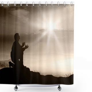Personality  Humble Man Kneeling To Praise And Worship God On Mountain Sunset Background. Shower Curtains