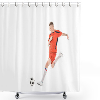 Personality  Full Length View Of Young Sportsman Playing Soccer Isolated On White Shower Curtains