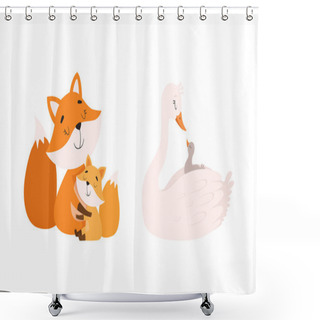 Personality  Mom Animal Cuddling With Its Little Cub As Parent Love And Care Vector Set Shower Curtains