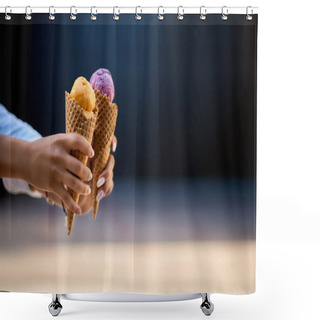 Personality  Close Isolated View Of Two Ice Cream Cones In Hand Of Women Friends Standing Outdoors. No Face, Copyspace For Designers. Buy One Get One Free, Two For The Price Of One, 2 For 1, Double Offer Concept. Shower Curtains