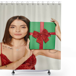 Personality  Attractive Woman With Pierced Nose And Tattoos Showing Present At Camera, Holiday Gifts Concept Shower Curtains