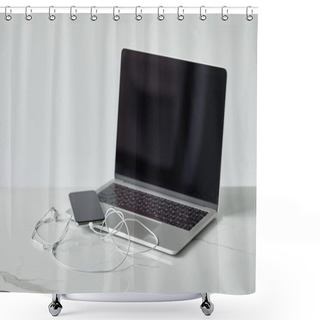 Personality  Laptop And Smartphone With Blank Screen, And Earphones Isolated On Grey Shower Curtains