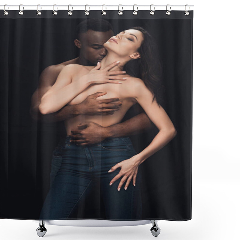 Personality  beautiful half-naked interracial couple passionately embracing isolated on black shower curtains