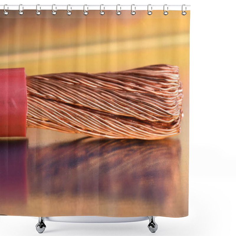 Personality  Closeup Stripped Copper Cable On Metallic Table With Blurred Background Shower Curtains
