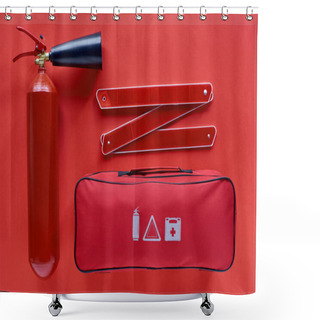 Personality  Flat Lay With Automotive Handbag, Fire Extinguisher And Folded Road Warning Sign On Red Backdrop Shower Curtains