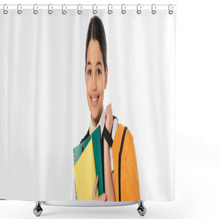 Personality  Happy Schoolgirl Standing With Notebooks In And Backpack In Hands, New School Year Concept, Banner Shower Curtains