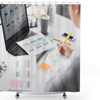 Personality  Web Designer Working On User Interface At Office Shower Curtains