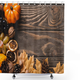Personality  Top View Of Autumnal Harvest On Brown Wooden Background Shower Curtains