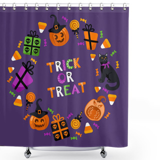 Personality  Trick Or Treat. Halloween Bright Vector Illustration. Pumpkin Lantern, Witch Hat, Cat, Lollipops, Gifts With Skulls, Stars And Candy Corn. For Stickers, Posters, Postcards, Design Elements Shower Curtains