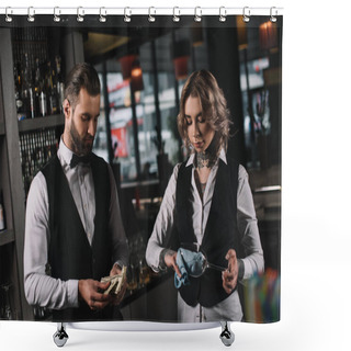 Personality  Bartenders Counting Tips And Cleaning Glasses At Bar Shower Curtains
