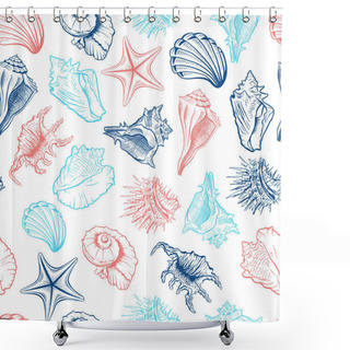 Personality  Seashells And Starfish Vector Seamless Pattern. Marine Life Creatures Colorful Drawings. Sea Urchin Freehand Outline. Underwater Animals Engraving. Wallpaper, Wrapping Paper, Textile Design Shower Curtains