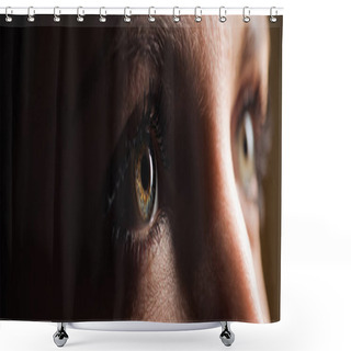 Personality  Close Up View Of Human Eye Looking Away In Dark, Panoramic Shot Shower Curtains