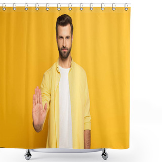 Personality  Handsome Man Showing Stop Sign On Yellow Background Shower Curtains